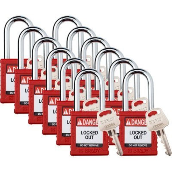 Brady Brady Safety Lockout Padlock, Keyed Different, 1-1/2in, Plastic/Steel, Red, 12/PK SDPL-RED-38ST-KD12